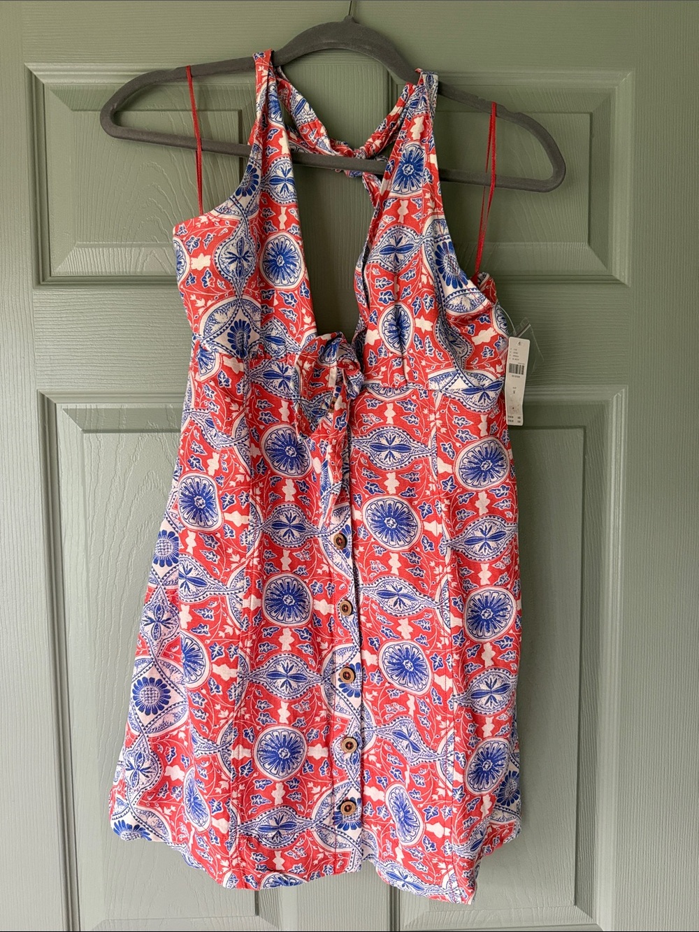 Anthropologie Orange and Blue Printed halter Dress
